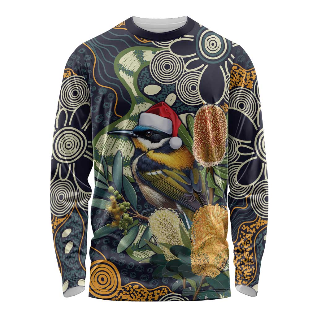 Aussie Honeyeaters Banksia Christmas Long Sleeve Shirt Aboriginal Dots Painting Blue Motif - Aussie Hoodie