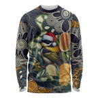 Aussie Honeyeaters Banksia Christmas Long Sleeve Shirt Aboriginal Dots Painting Blue Motif - Aussie Hoodie