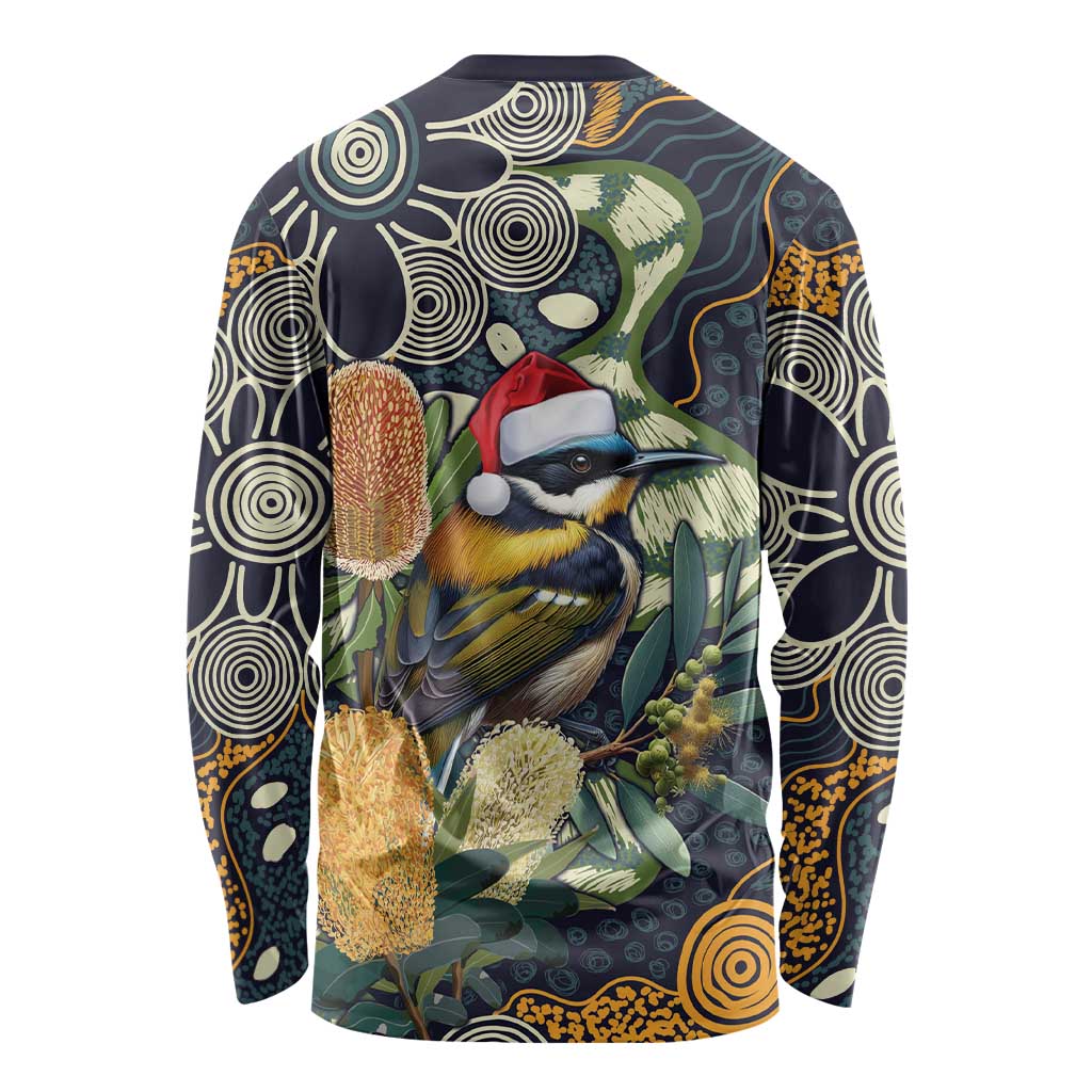 Aussie Honeyeaters Banksia Christmas Long Sleeve Shirt Aboriginal Dots Painting Blue Motif - Aussie Hoodie