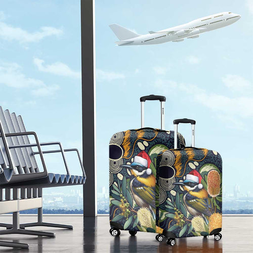 Aussie Honeyeaters Banksia Christmas Luggage Cover Aboriginal Dots Painting Blue Motif - Aussie Hoodie