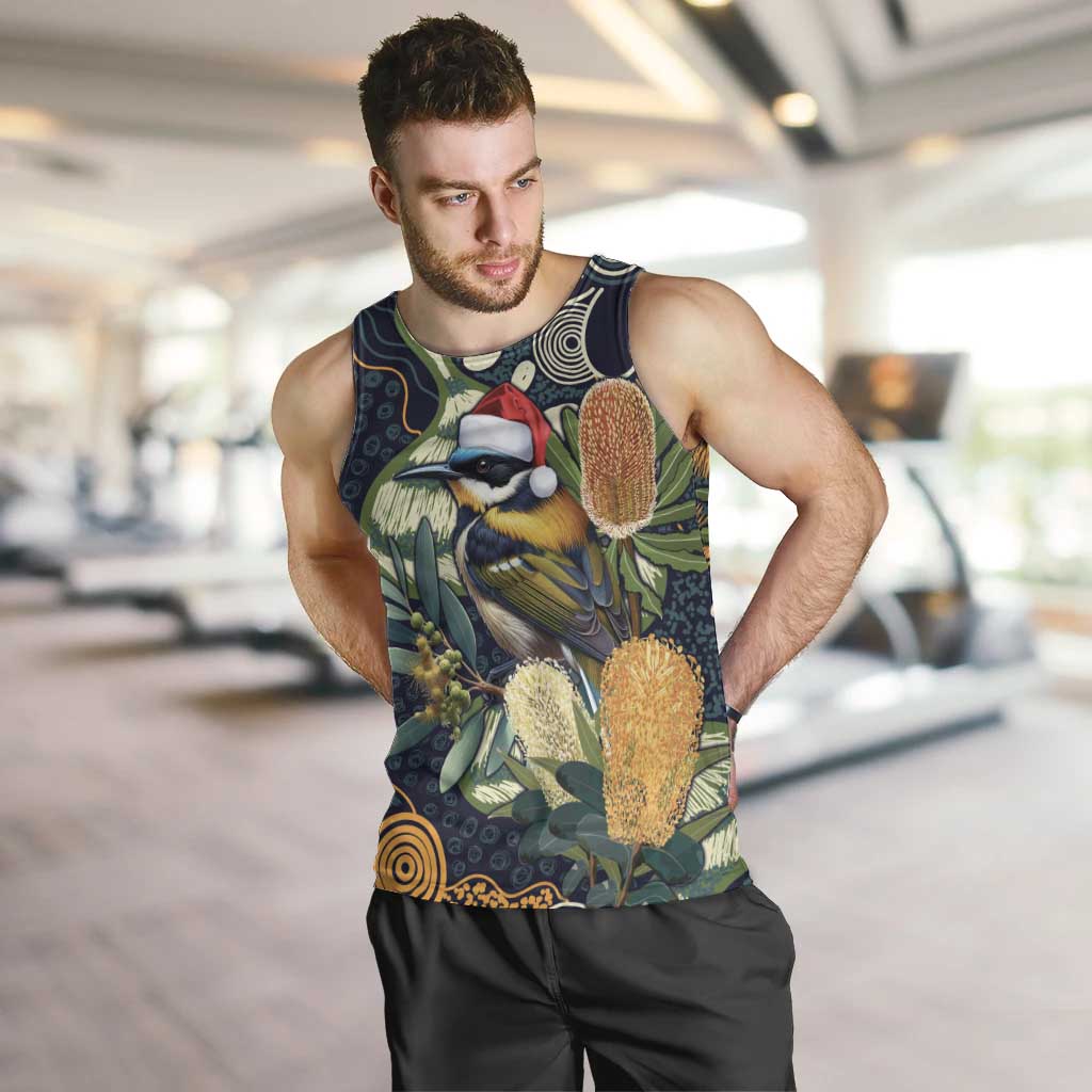 Aussie Honeyeaters Banksia Christmas Men Tank Top Aboriginal Dots Painting Blue Motif - Aussie Hoodie