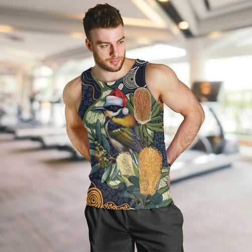 Aussie Honeyeaters Banksia Christmas Men Tank Top Aboriginal Dots Painting Blue Motif - Aussie Hoodie