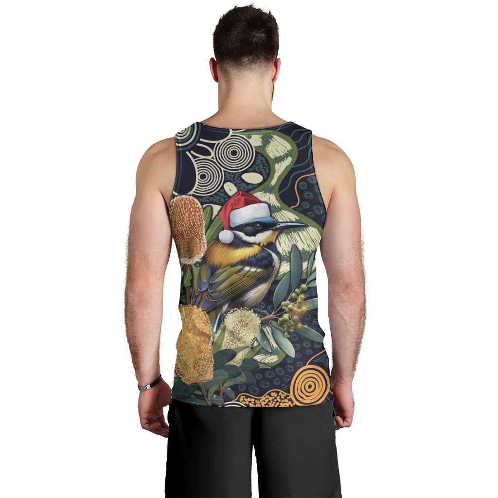 Aussie Honeyeaters Banksia Christmas Men Tank Top Aboriginal Dots Painting Blue Motif - Aussie Hoodie