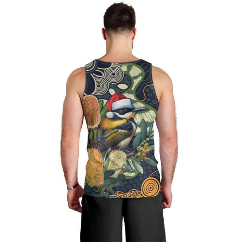 Aussie Honeyeaters Banksia Christmas Men Tank Top Aboriginal Dots Painting Blue Motif - Aussie Hoodie