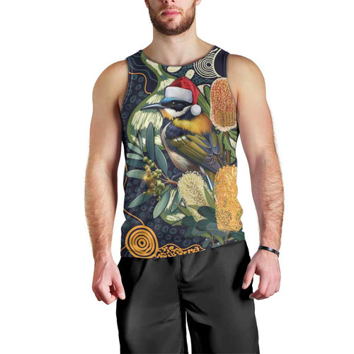 Aussie Honeyeaters Banksia Christmas Men Tank Top Aboriginal Dots Painting Blue Motif - Aussie Hoodie