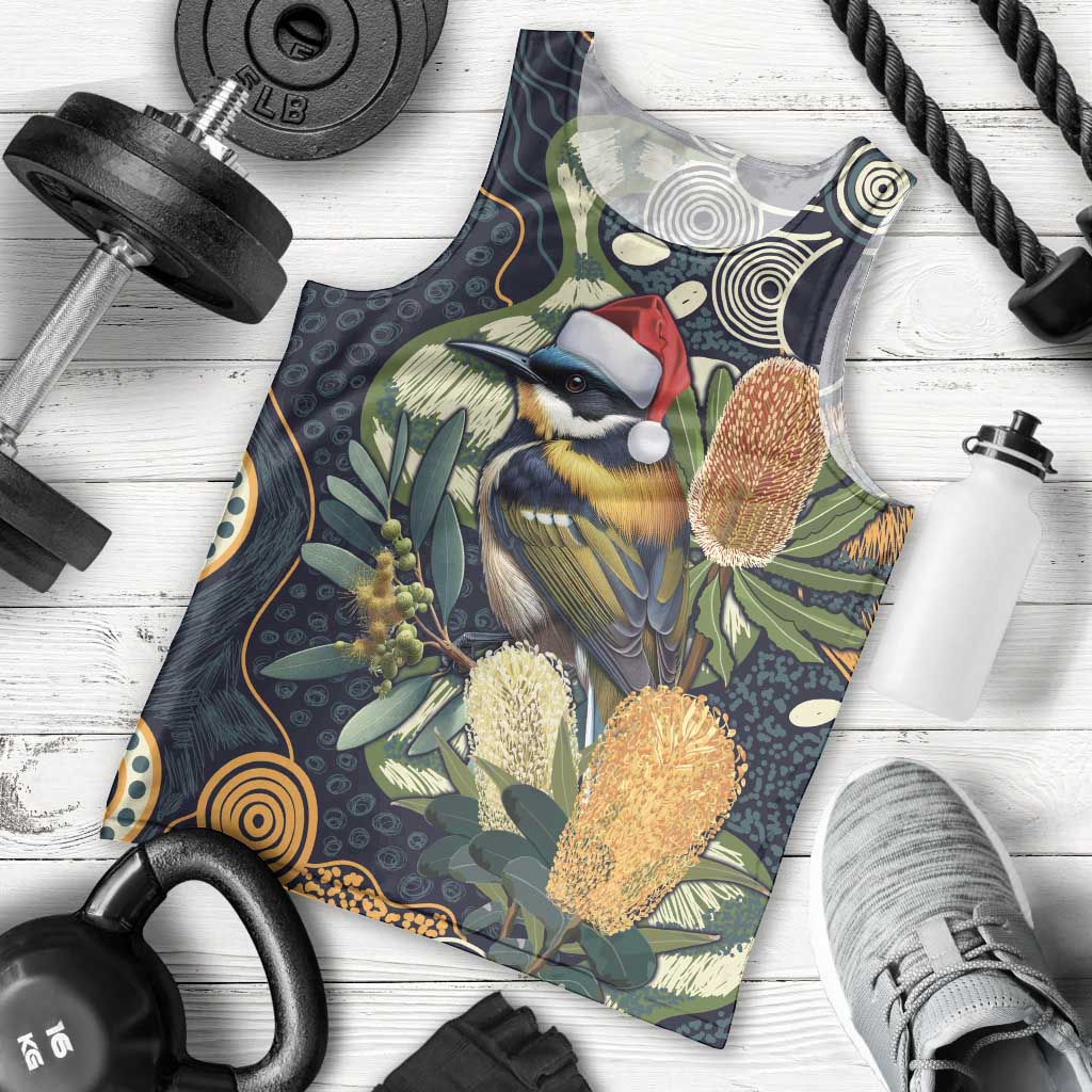 Aussie Honeyeaters Banksia Christmas Men Tank Top Aboriginal Dots Painting Blue Motif - Aussie Hoodie