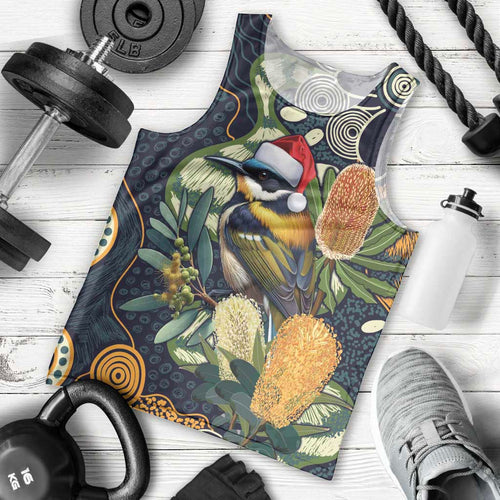 Aussie Honeyeaters Banksia Christmas Men Tank Top Aboriginal Dots Painting Blue Motif - Aussie Hoodie