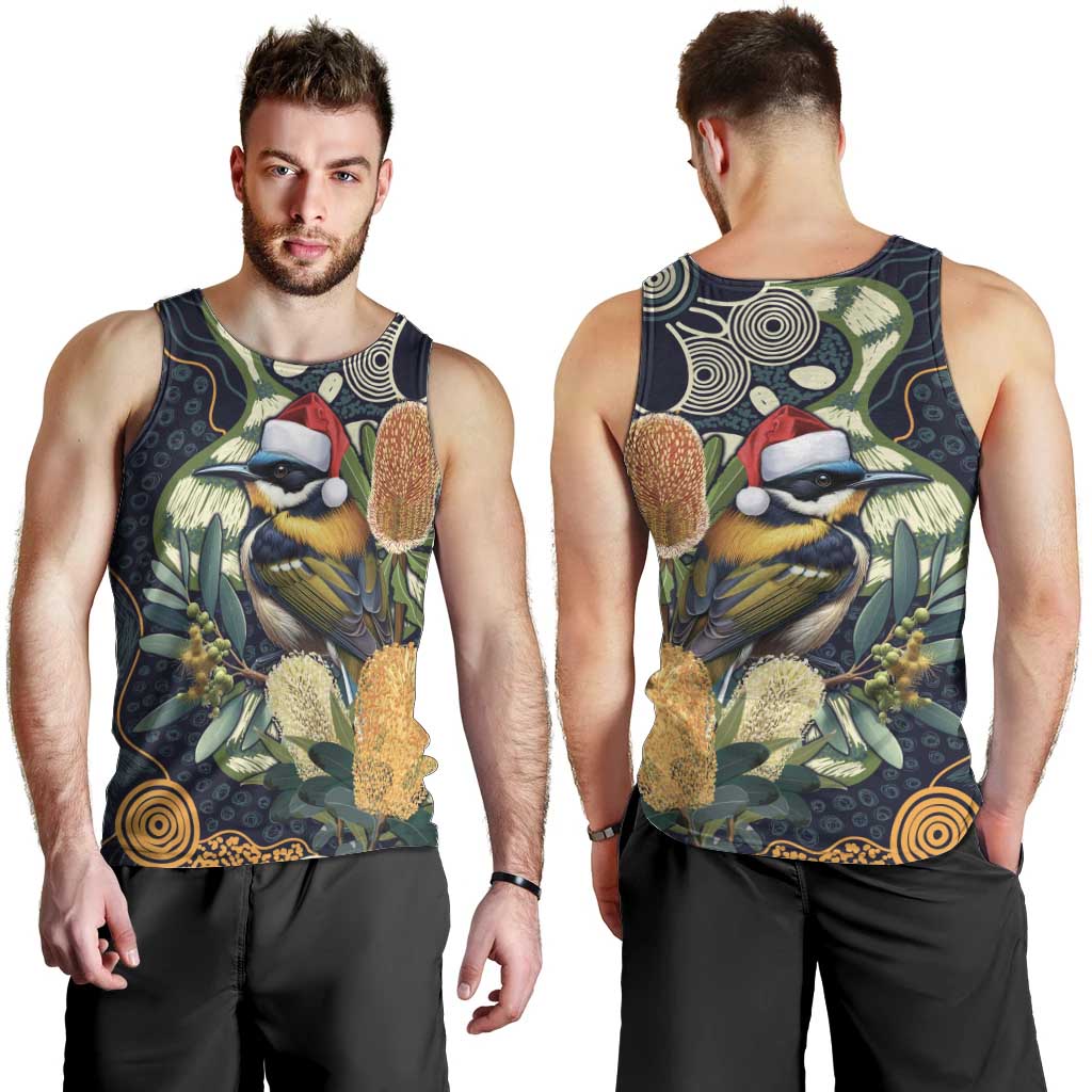 Aussie Honeyeaters Banksia Christmas Men Tank Top Aboriginal Dots Painting Blue Motif - Aussie Hoodie