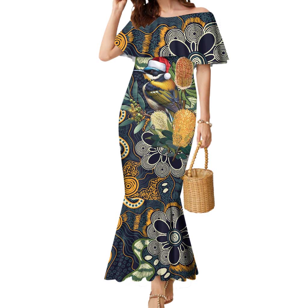 Aussie Honeyeaters Banksia Christmas Mermaid Dress Aboriginal Dots Painting Blue Motif - Aussie Hoodie