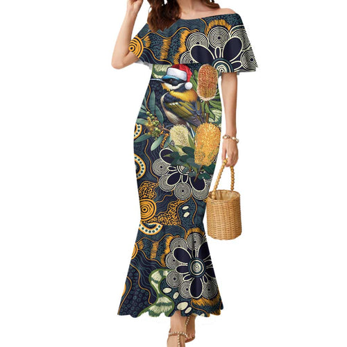 Aussie Honeyeaters Banksia Christmas Mermaid Dress Aboriginal Dots Painting Blue Motif - Aussie Hoodie