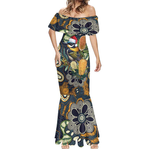 Aussie Honeyeaters Banksia Christmas Mermaid Dress Aboriginal Dots Painting Blue Motif - Aussie Hoodie