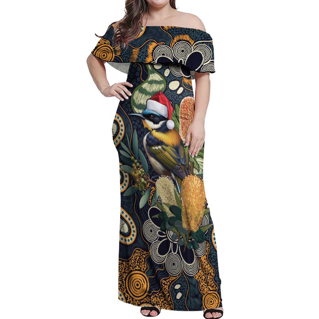 Aussie Honeyeaters Banksia Christmas Off Shoulder Maxi Dress Aboriginal Dots Painting Blue Motif - Aussie Hoodie