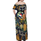 Aussie Honeyeaters Banksia Christmas Off Shoulder Maxi Dress Aboriginal Dots Painting Blue Motif - Aussie Hoodie