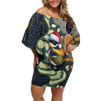 Aussie Honeyeaters Banksia Christmas Off Shoulder Short Dress Aboriginal Dots Painting Blue Motif - Aussie Hoodie