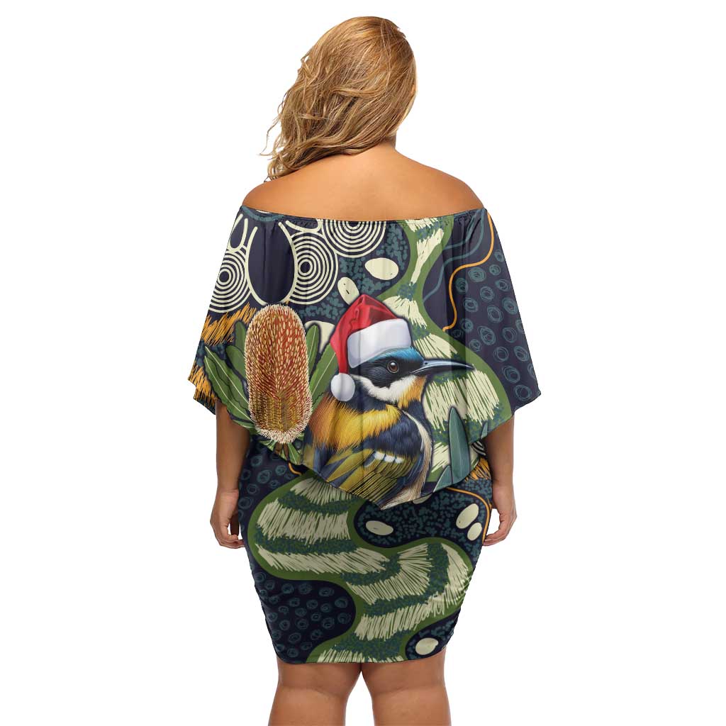 Aussie Honeyeaters Banksia Christmas Off Shoulder Short Dress Aboriginal Dots Painting Blue Motif - Aussie Hoodie