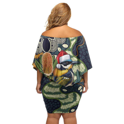 Aussie Honeyeaters Banksia Christmas Off Shoulder Short Dress Aboriginal Dots Painting Blue Motif - Aussie Hoodie