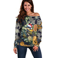Aussie Honeyeaters Banksia Christmas Off Shoulder Sweater Aboriginal Dots Painting Blue Motif - Aussie Hoodie