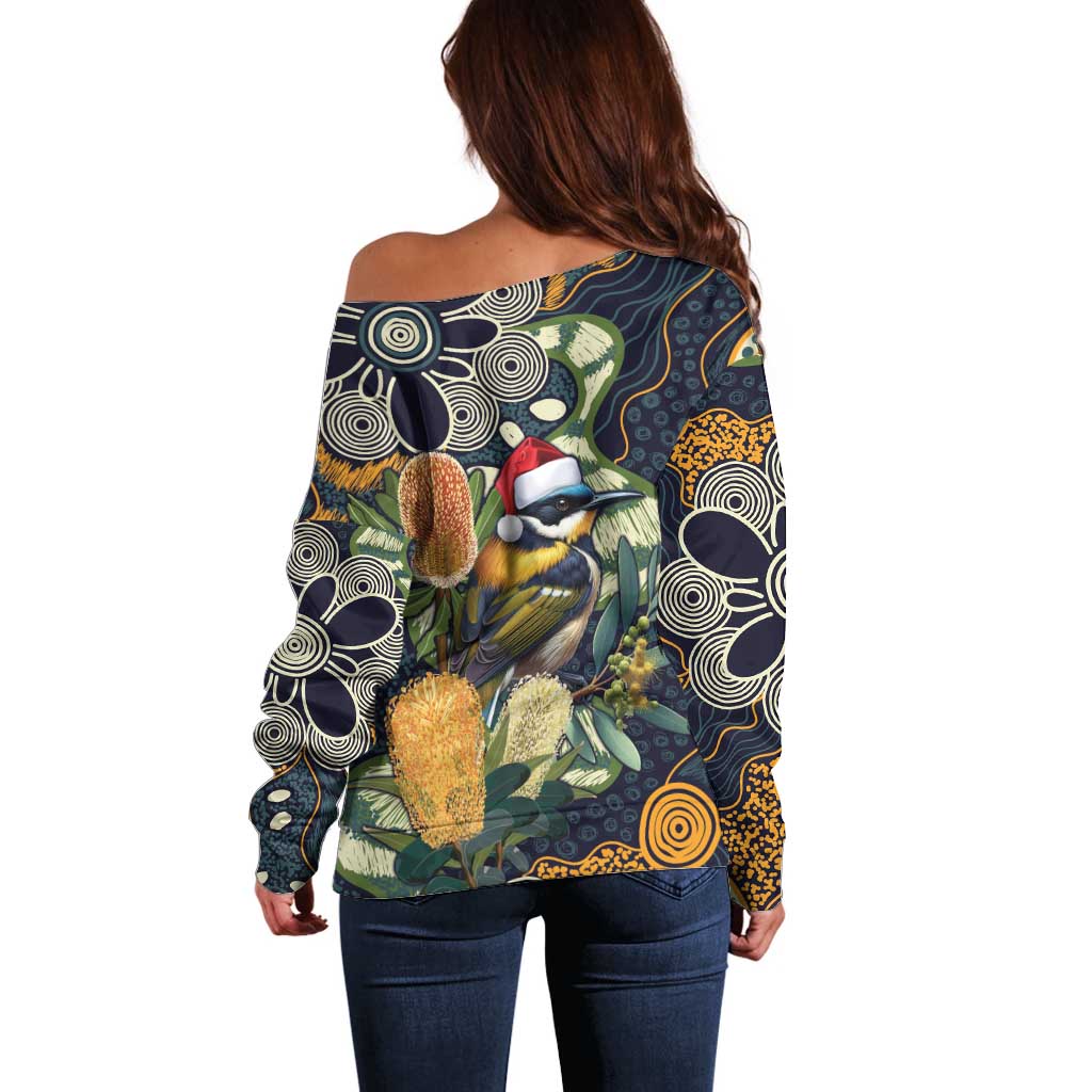 Aussie Honeyeaters Banksia Christmas Off Shoulder Sweater Aboriginal Dots Painting Blue Motif - Aussie Hoodie