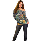 Aussie Honeyeaters Banksia Christmas Off Shoulder Sweater Aboriginal Dots Painting Blue Motif - Aussie Hoodie
