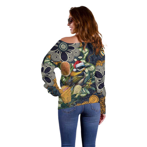 Aussie Honeyeaters Banksia Christmas Off Shoulder Sweater Aboriginal Dots Painting Blue Motif - Aussie Hoodie
