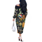Aussie Honeyeaters Banksia Christmas Off The Shoulder Long Sleeve Dress Aboriginal Dots Painting Blue Motif - Aussie Hoodie