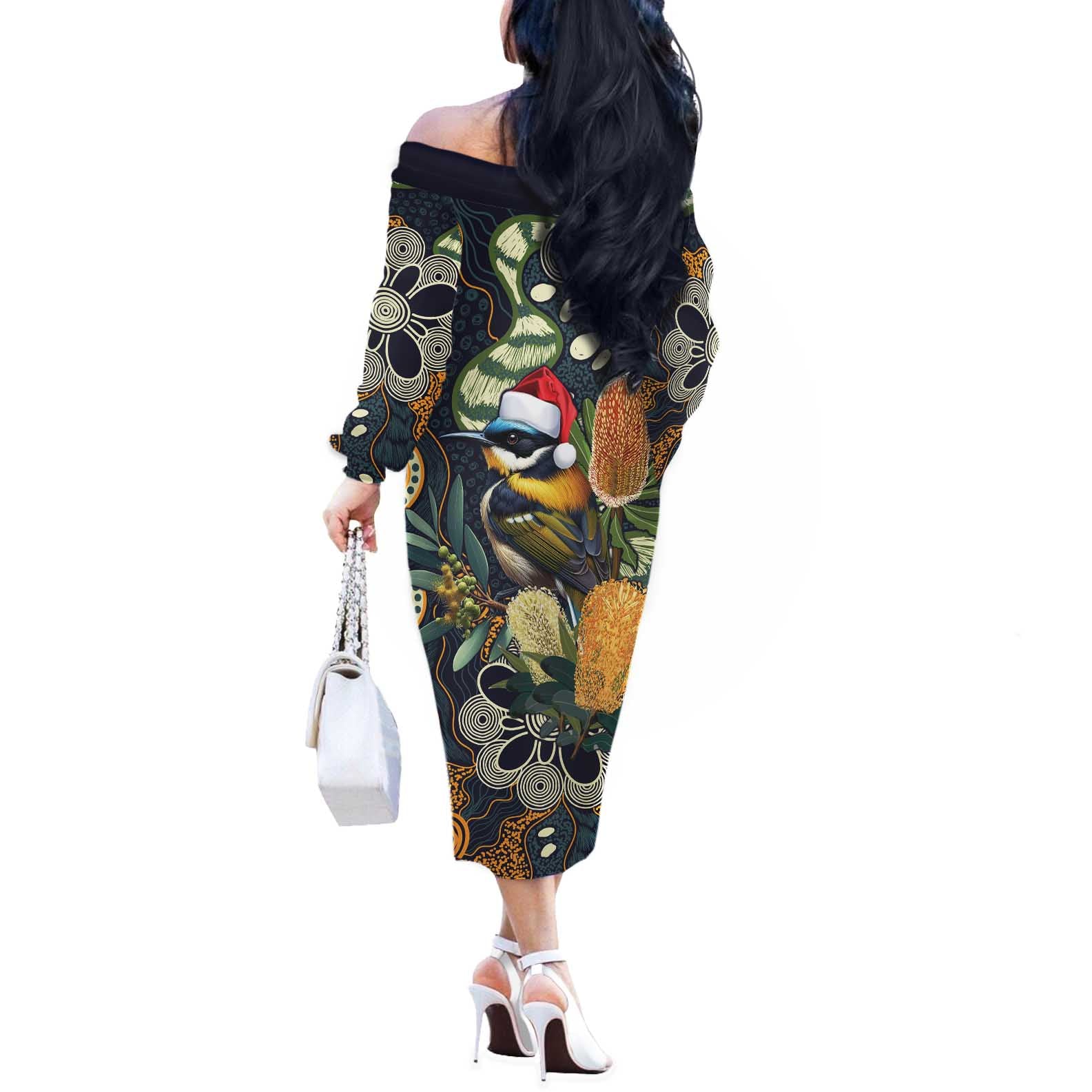 Aussie Honeyeaters Banksia Christmas Off The Shoulder Long Sleeve Dress Aboriginal Dots Painting Blue Motif - Aussie Hoodie