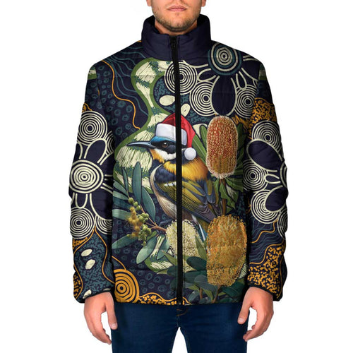 Aussie Honeyeaters Banksia Christmas Padded Jacket Aboriginal Dots Painting Blue Motif - Aussie Hoodie