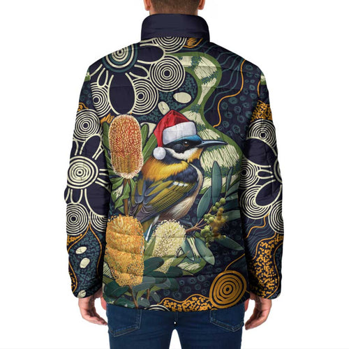 Aussie Honeyeaters Banksia Christmas Padded Jacket Aboriginal Dots Painting Blue Motif - Aussie Hoodie