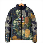Aussie Honeyeaters Banksia Christmas Padded Jacket Aboriginal Dots Painting Blue Motif - Aussie Hoodie