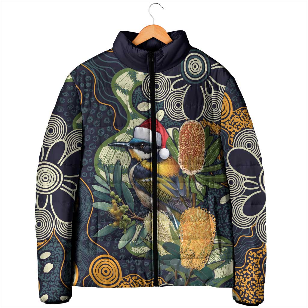 Aussie Honeyeaters Banksia Christmas Padded Jacket Aboriginal Dots Painting Blue Motif - Aussie Hoodie