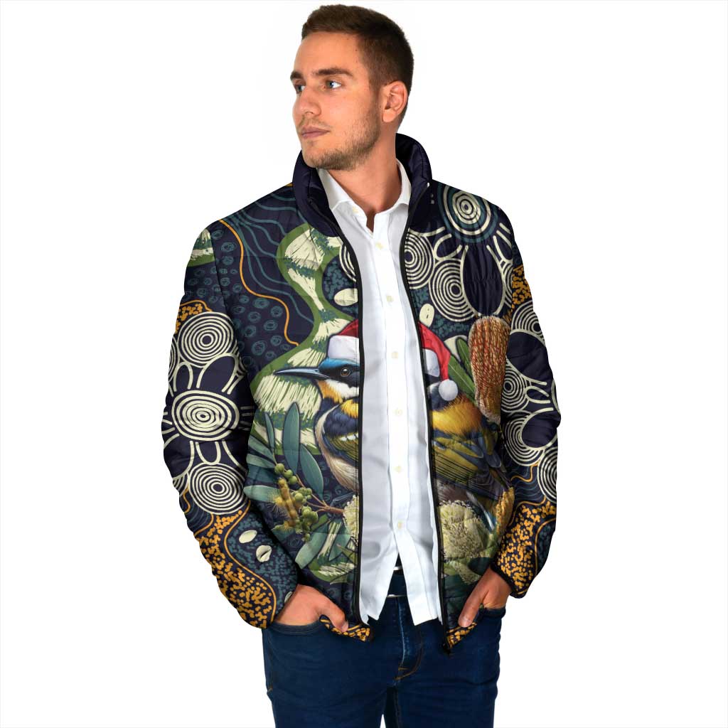 Aussie Honeyeaters Banksia Christmas Padded Jacket Aboriginal Dots Painting Blue Motif - Aussie Hoodie