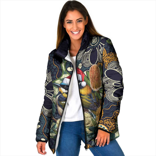 Aussie Honeyeaters Banksia Christmas Padded Jacket Aboriginal Dots Painting Blue Motif - Aussie Hoodie
