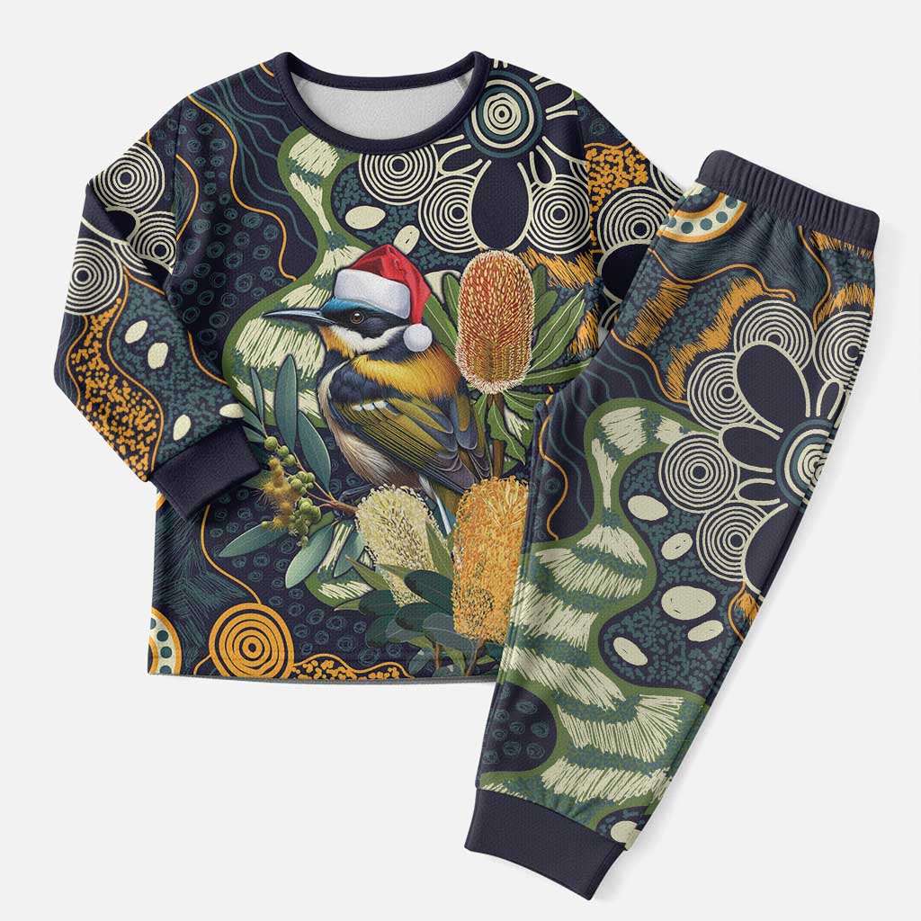 Aussie Honeyeaters Banksia Christmas Pajama Set Aboriginal Dots Painting Blue Motif - Aussie Hoodie