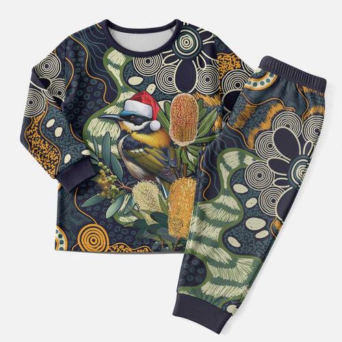 Aussie Honeyeaters Banksia Christmas Pajama Set Aboriginal Dots Painting Blue Motif - Aussie Hoodie