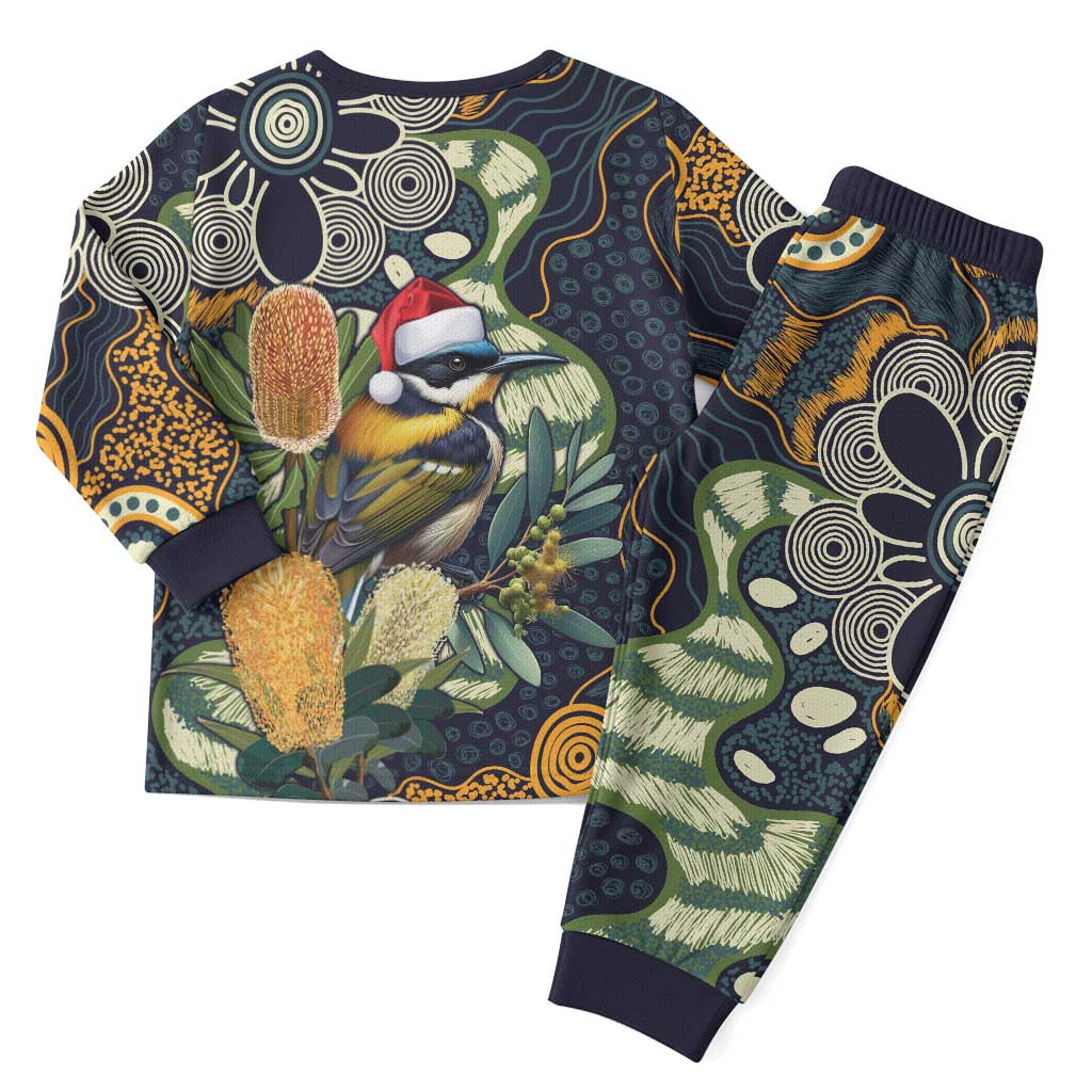 Aussie Honeyeaters Banksia Christmas Pajama Set Aboriginal Dots Painting Blue Motif - Aussie Hoodie