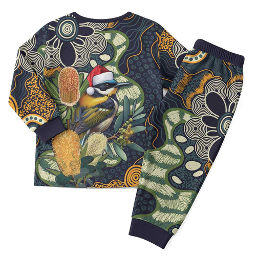 Aussie Honeyeaters Banksia Christmas Pajama Set Aboriginal Dots Painting Blue Motif - Aussie Hoodie
