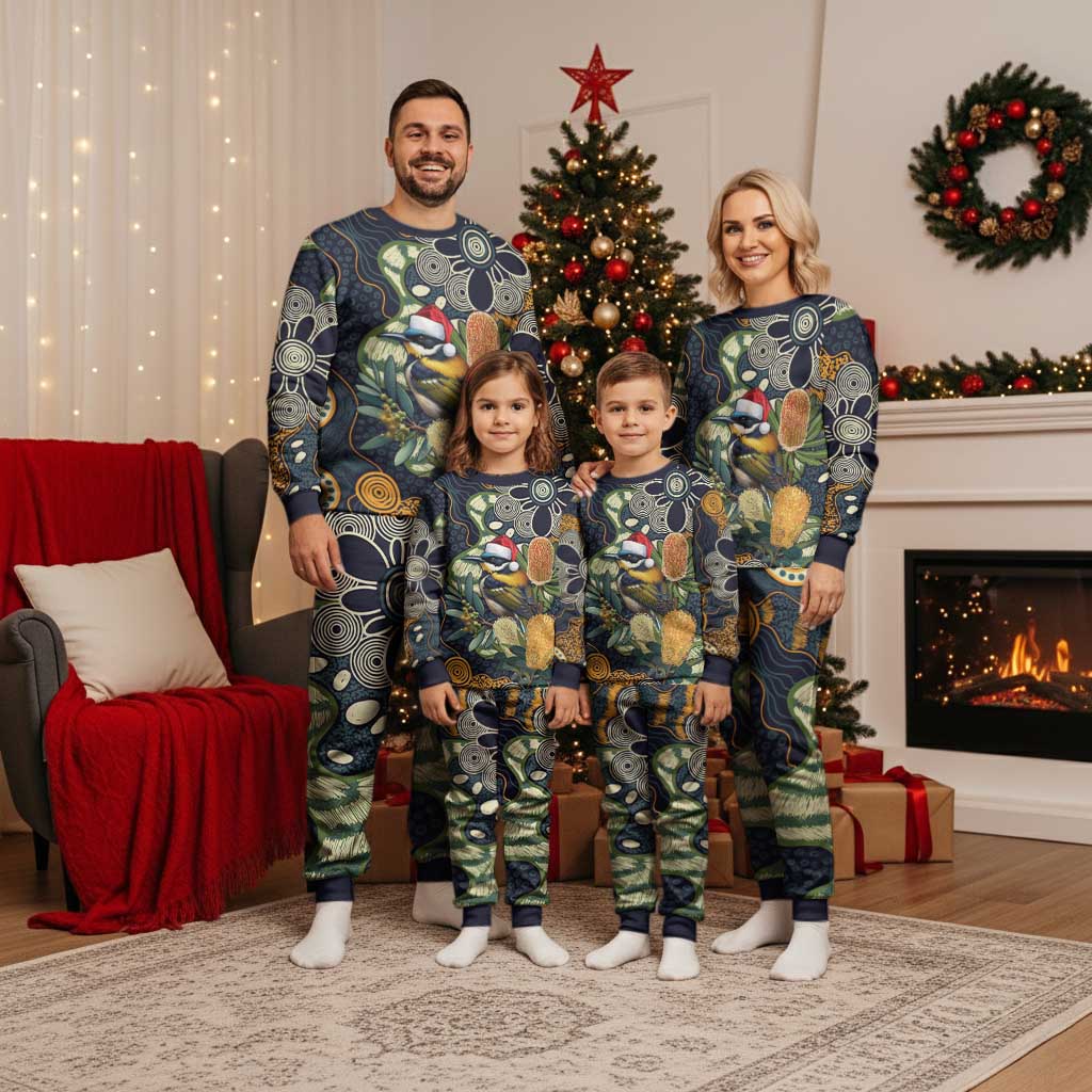 Aussie Honeyeaters Banksia Christmas Pajama Set Aboriginal Dots Painting Blue Motif - Aussie Hoodie