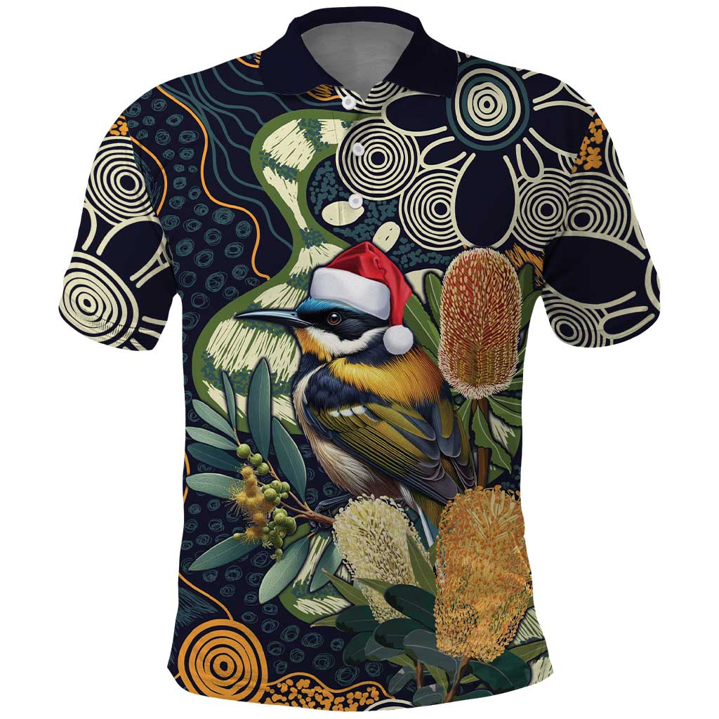 Aussie Honeyeaters Banksia Christmas Polo Shirt Aboriginal Dots Painting Blue Motif - Aussie Hoodie