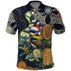 Aussie Honeyeaters Banksia Christmas Polo Shirt Aboriginal Dots Painting Blue Motif - Aussie Hoodie