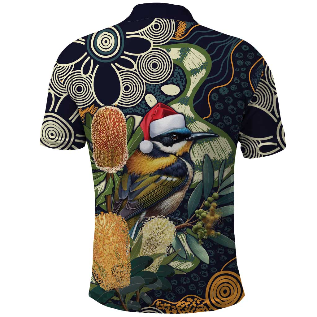 Aussie Honeyeaters Banksia Christmas Polo Shirt Aboriginal Dots Painting Blue Motif - Aussie Hoodie