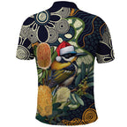 Aussie Honeyeaters Banksia Christmas Polo Shirt Aboriginal Dots Painting Blue Motif - Aussie Hoodie