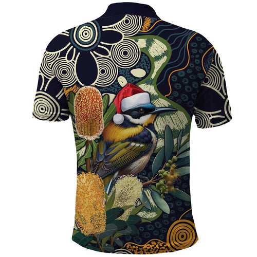 Aussie Honeyeaters Banksia Christmas Polo Shirt Aboriginal Dots Painting Blue Motif - Aussie Hoodie
