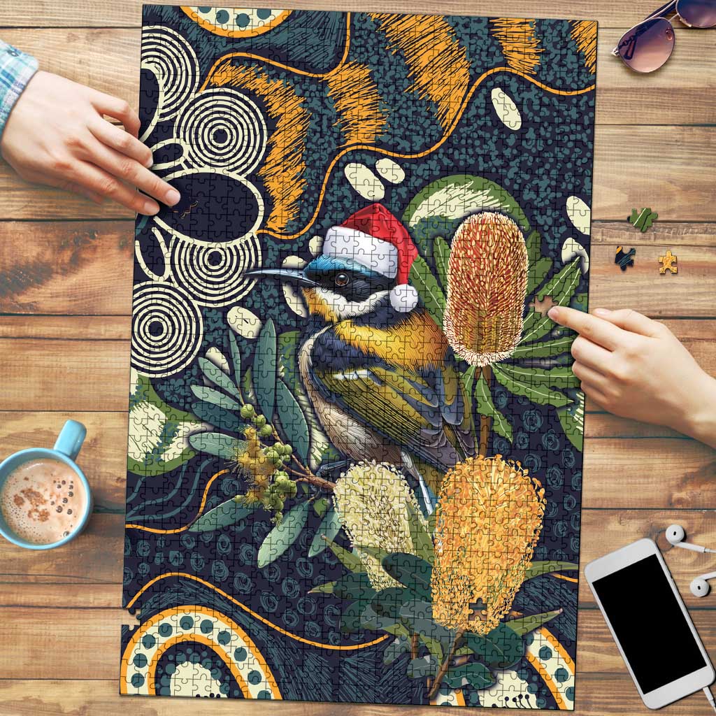 Aussie Honeyeaters Banksia Christmas Puzzle Aboriginal Dots Painting Blue Motif - Aussie Hoodie