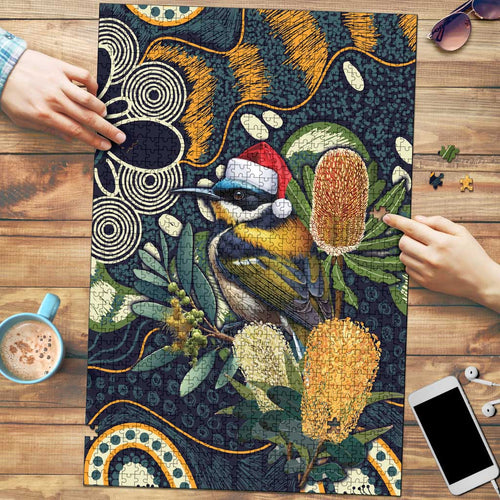 Aussie Honeyeaters Banksia Christmas Puzzle Aboriginal Dots Painting Blue Motif - Aussie Hoodie