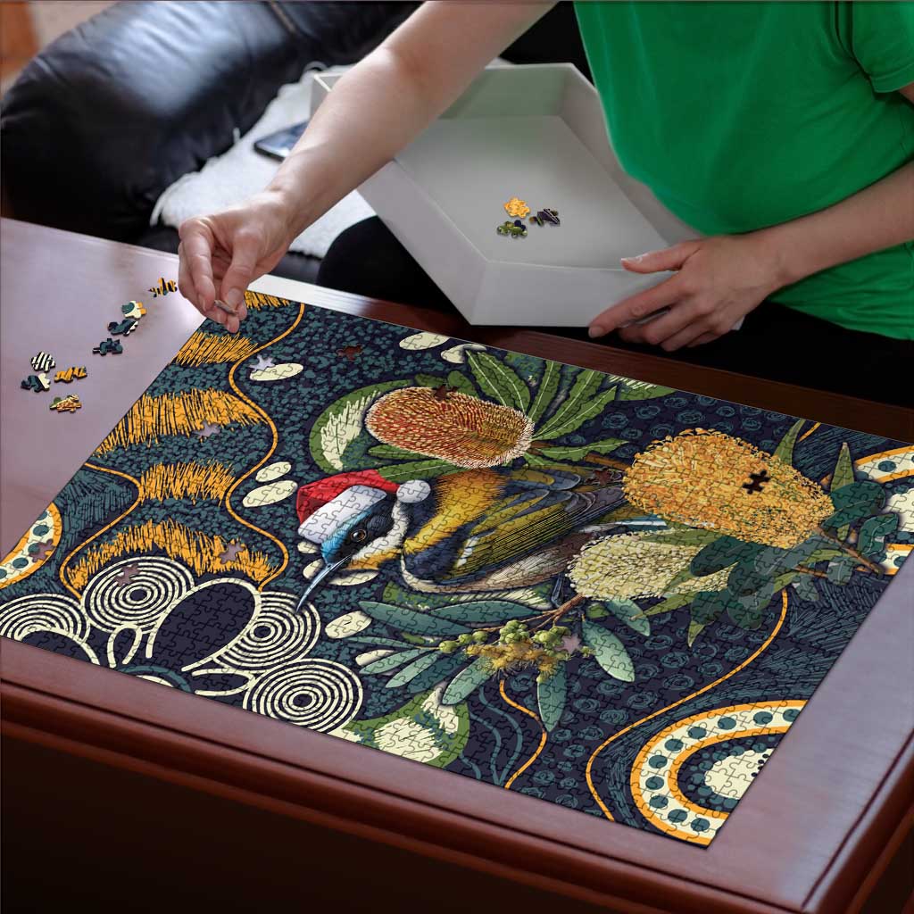 Aussie Honeyeaters Banksia Christmas Puzzle Aboriginal Dots Painting Blue Motif - Aussie Hoodie