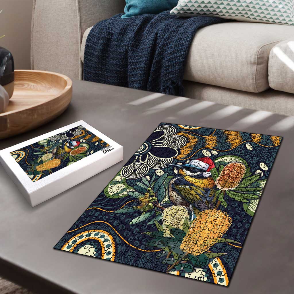 Aussie Honeyeaters Banksia Christmas Puzzle Aboriginal Dots Painting Blue Motif - Aussie Hoodie