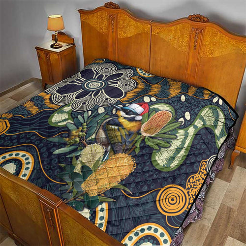 Aussie Honeyeaters Banksia Christmas Quilt Aboriginal Dots Painting Blue Motif - Aussie Hoodie