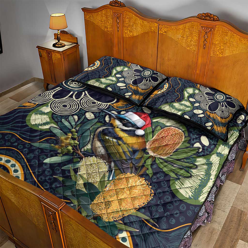 Aussie Honeyeaters Banksia Christmas Quilt Bed Set Aboriginal Dots Painting Blue Motif - Aussie Hoodie