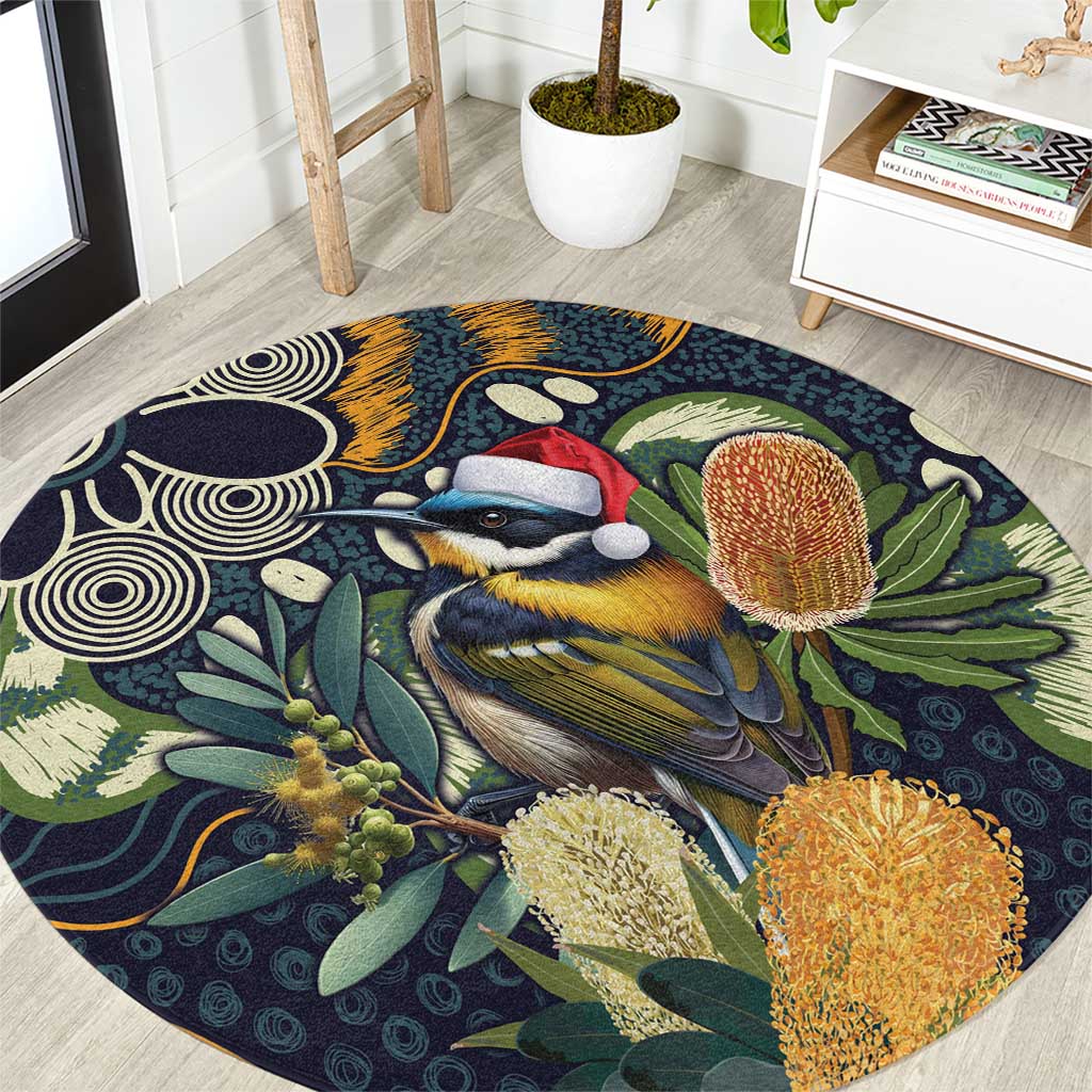 Aussie Honeyeaters Banksia Christmas Round Carpet Aboriginal Dots Painting Blue Motif - Aussie Hoodie