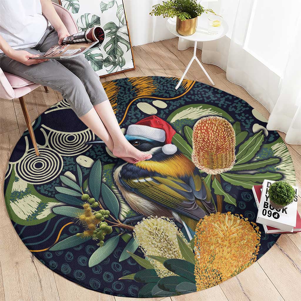 Aussie Honeyeaters Banksia Christmas Round Carpet Aboriginal Dots Painting Blue Motif - Aussie Hoodie